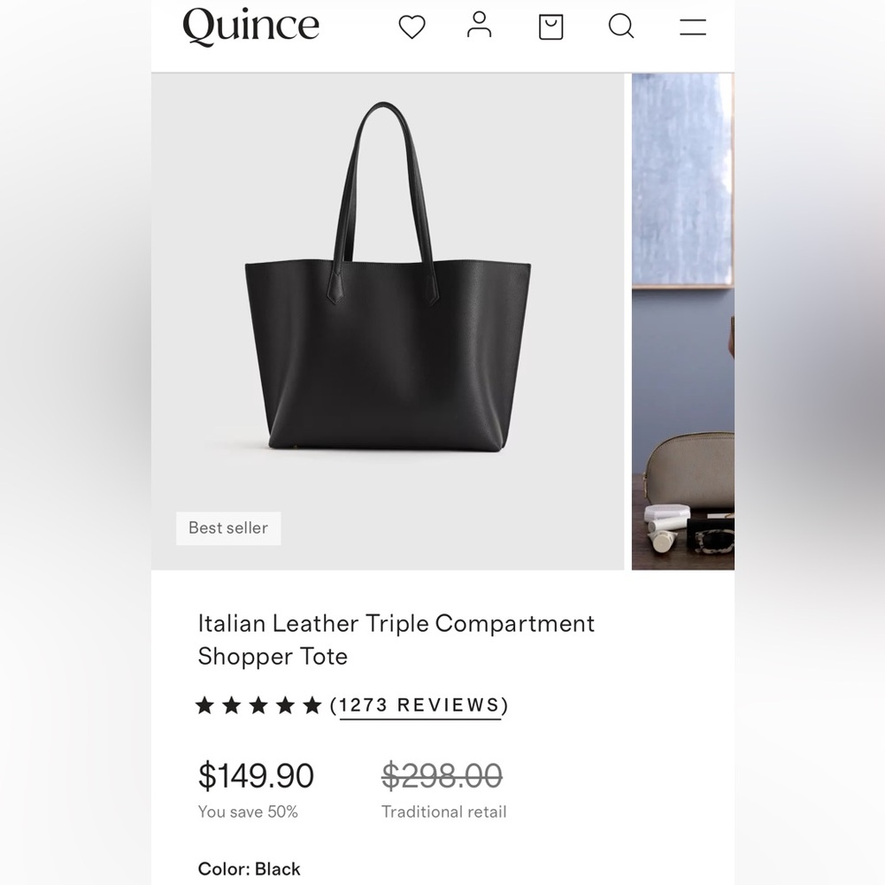 Quince Black Italian Leather Triple Compartment Shopper Tote - New